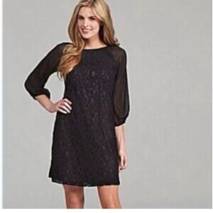 Adrianna Papell Black Lace Shift Dress with Sheer Sleeves